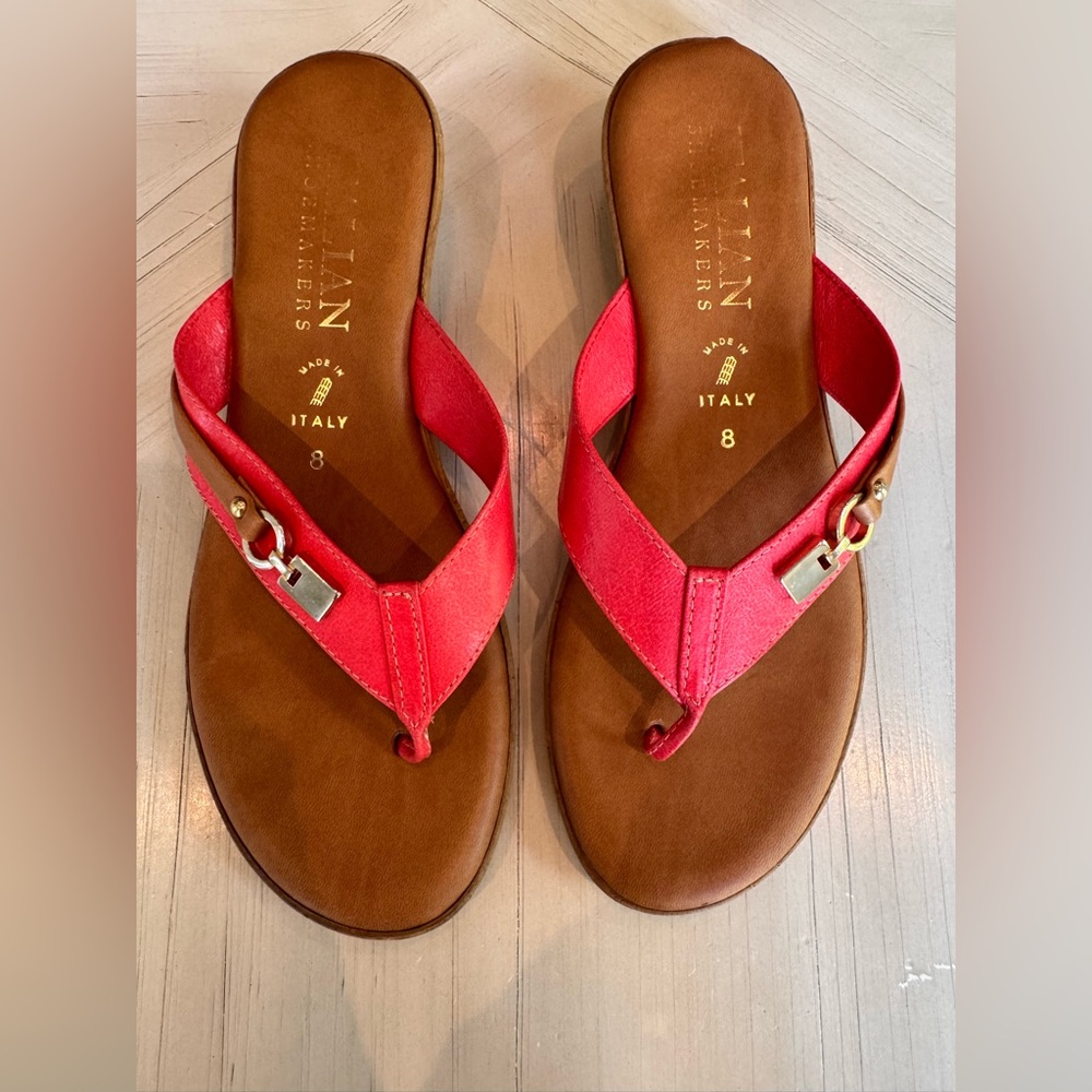 Italian Shoemakers Coral & Gold Thong Wedge Sandals – Women’s Size 8